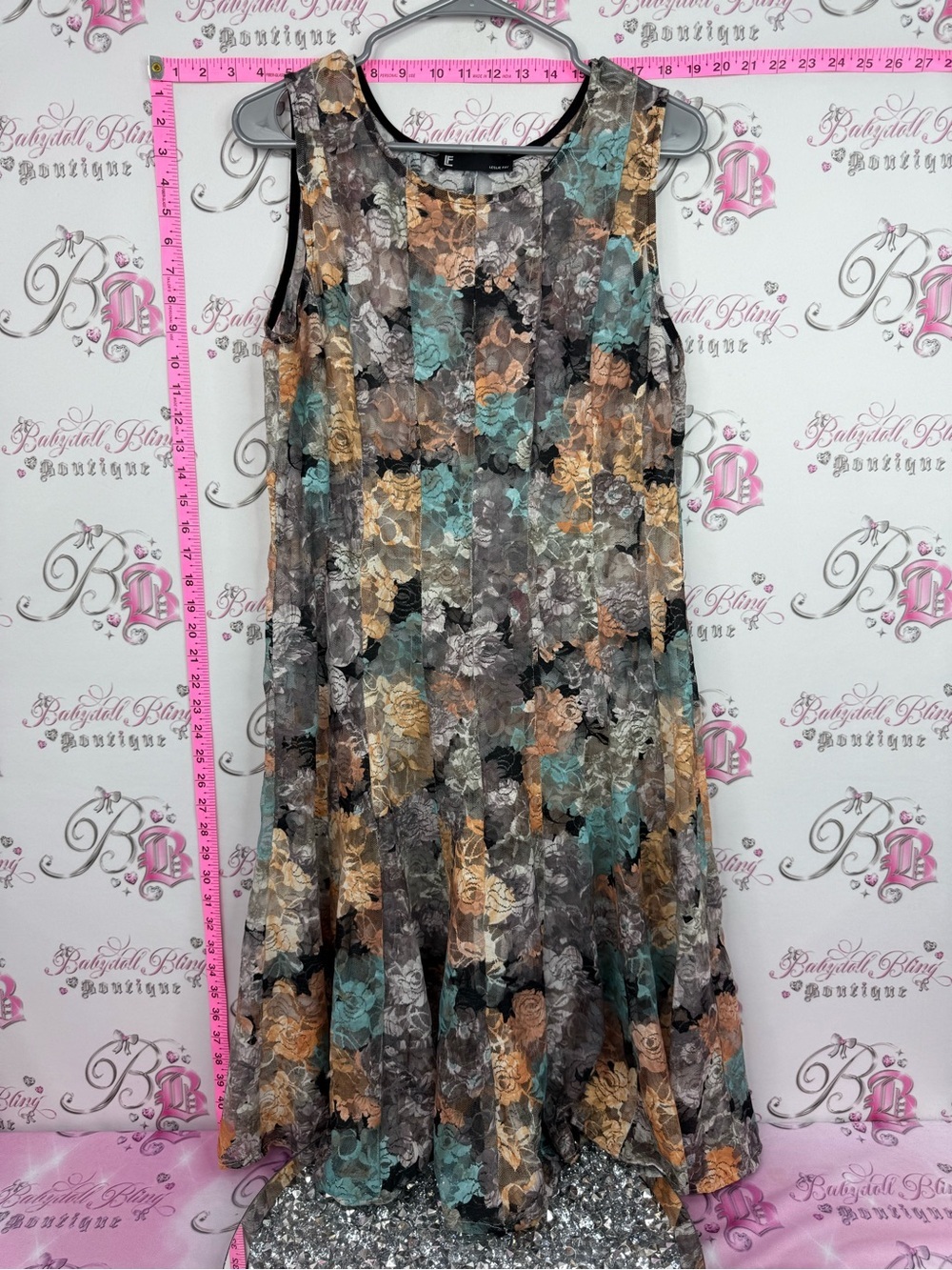 Leslie Fay Sleeveless Floral Maxi Dress in Teal, Mustard & Gray